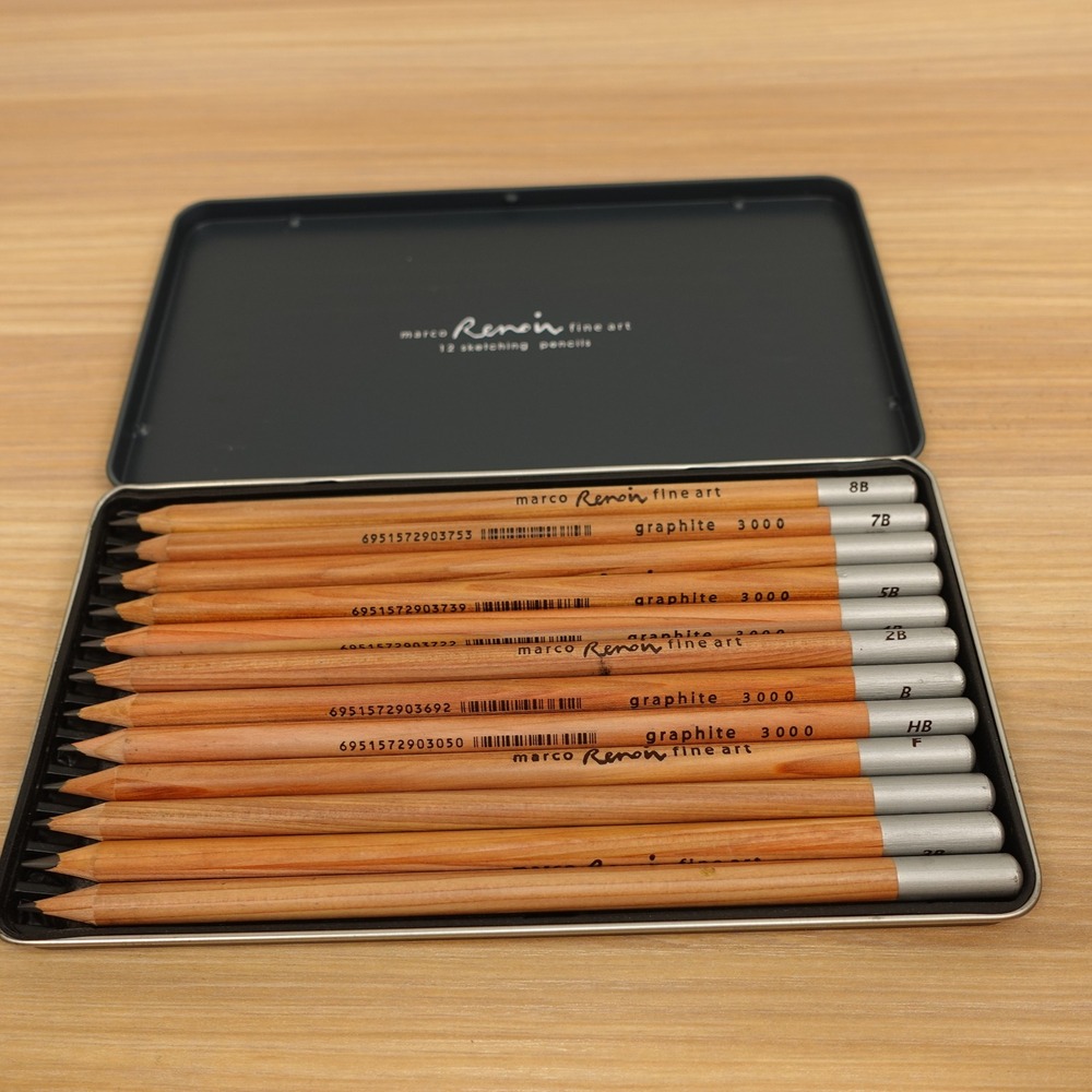 Marco Renoir Fine Art Sketching Pencils Graphite 3000 12 Pieces Set Tin Case